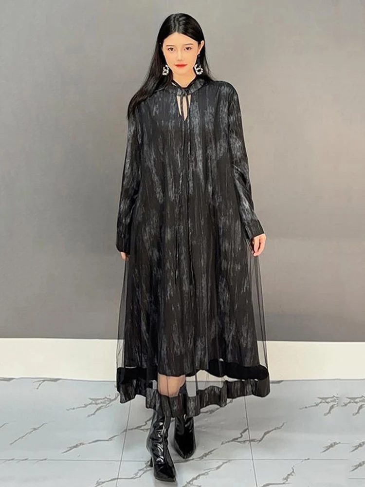 SHENGPALAE Casual V Neck Dress Women Full Sleeve A Line Irregular Hem New 2024 New Loose Female Fashion Long Dresses 5C1560