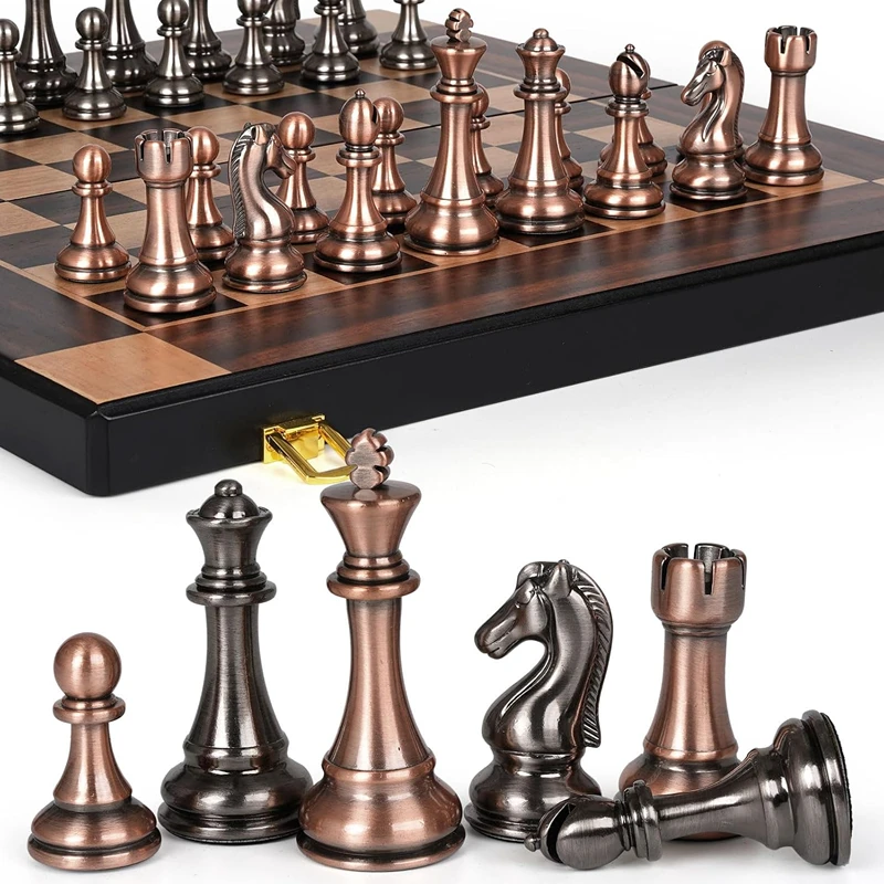 

High end metal chess pieces, 38cm/15 inches, ebony wooden chessboard, providing foldable classic games for chess enthusiasts