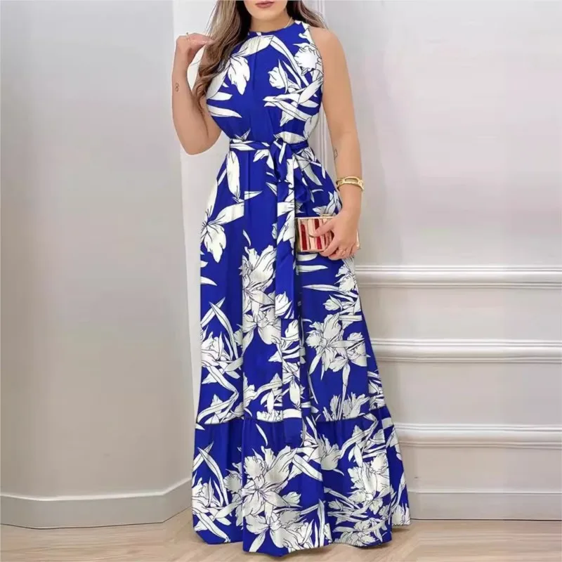 Letnia sukienka damska na lato 2025, nowa, codzienna, modna, bez rękawów, z dekoltem typu halter, z wysokim stanem, koronkowa, z kwiatowym nadrukiem, długa spódnica z falbanami.