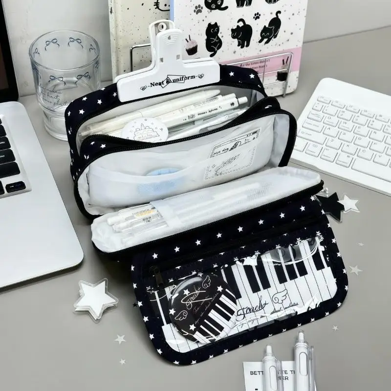1Pcs Kawaii Star Piano Keyboard Print Pencil Case Large Capacity With Clear Window Pen Bag Multi-Layer Stationery Pouch Students