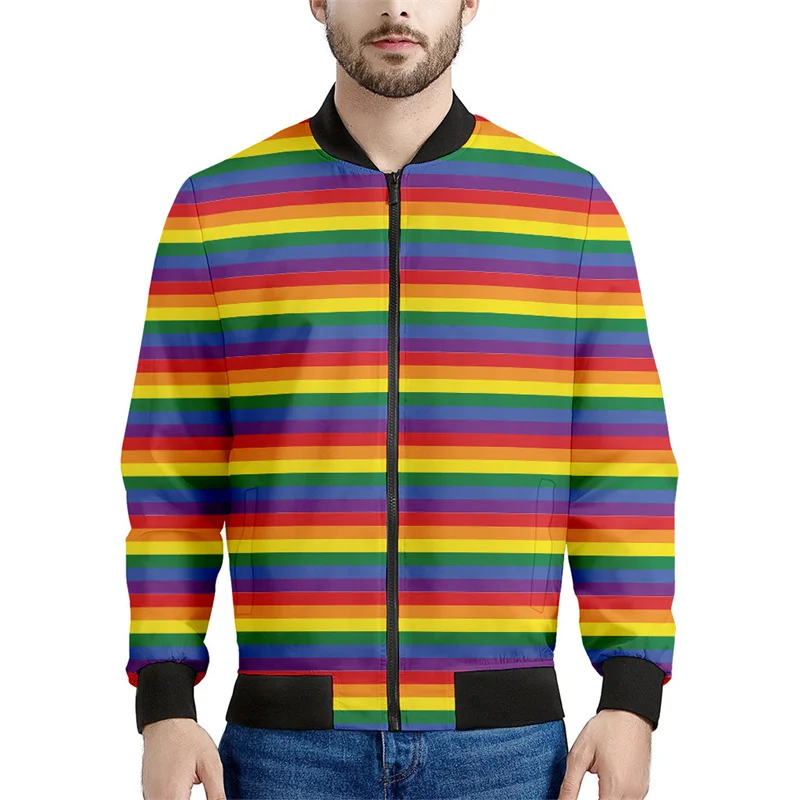 Fashion Geometric Rainbow Zipper Jacket Men 3d Printed Colorful Stripes Sweatshirt Kids Cool Street Bomber Jackets Tops Coat