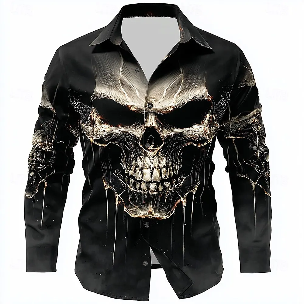 Men's Gothic Style Shirts 3D Print Skull Graphic Long Sleeve Tops Autumn Fashion Casual Lapel Button Clothes Halloween Theme Top