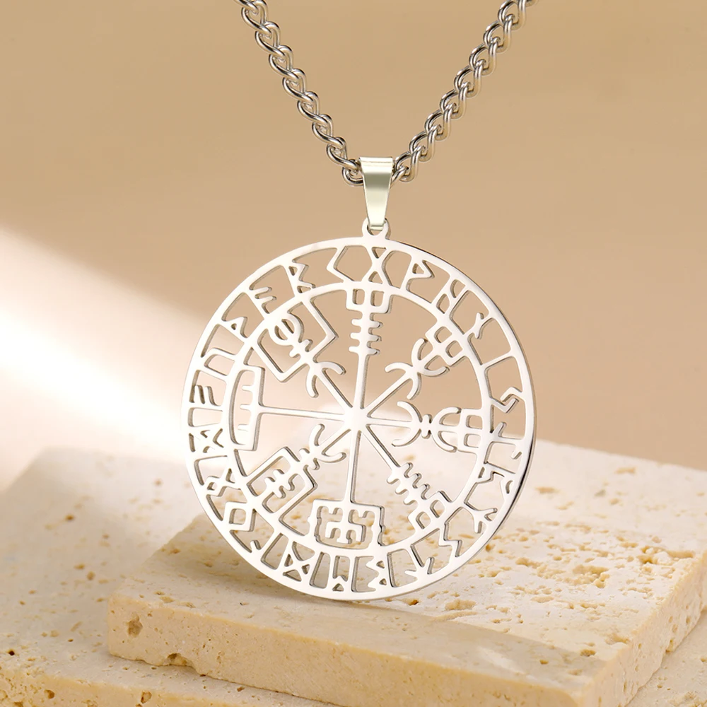 Dawapara Vegvisir Pendant Necklace Nordic Runes Compass Necklace Protection Amulet Stainless Steel Jewelry