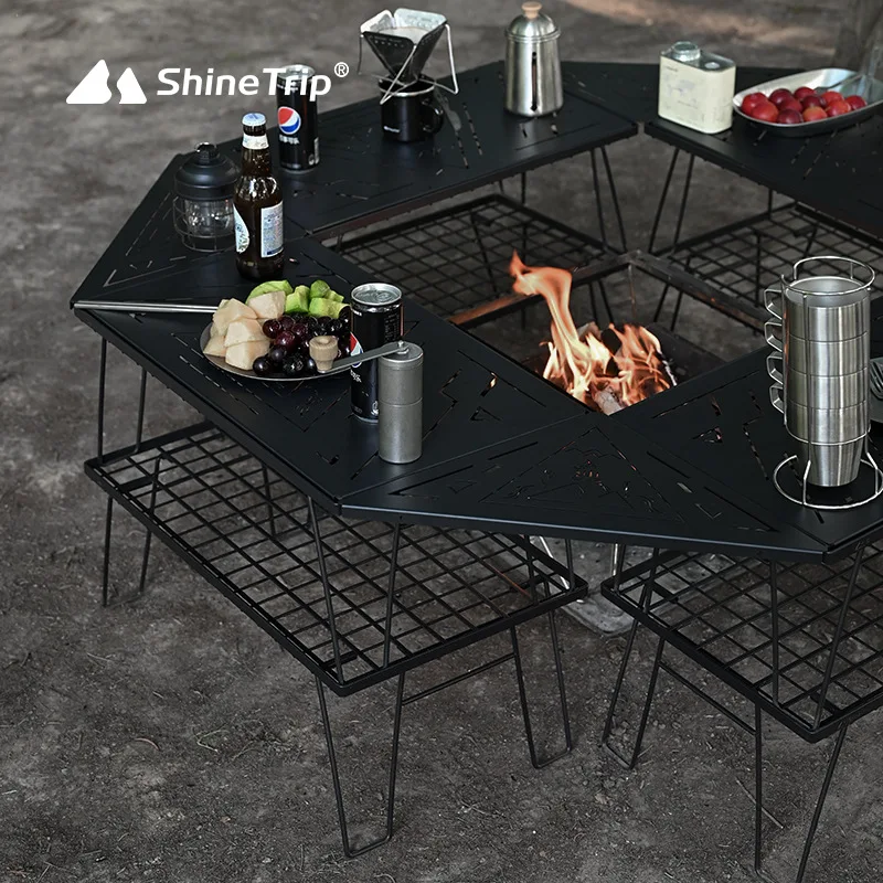 ShineTrip Camping Blackened Chess Cloth Iron Mesh Table Iron Fence Combination BBQ Table Portable Folding