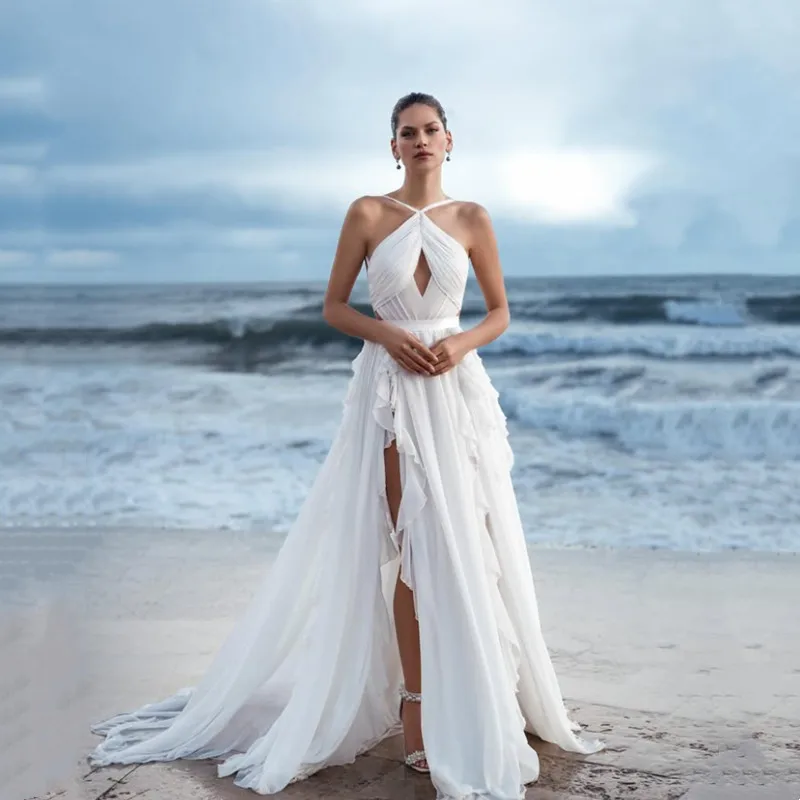 

Beach Chiffon A-Line Wedding Dress Sexy Open Back Halter Pleat Sleeveless High Side Slit Simple Backless Long Train Customized