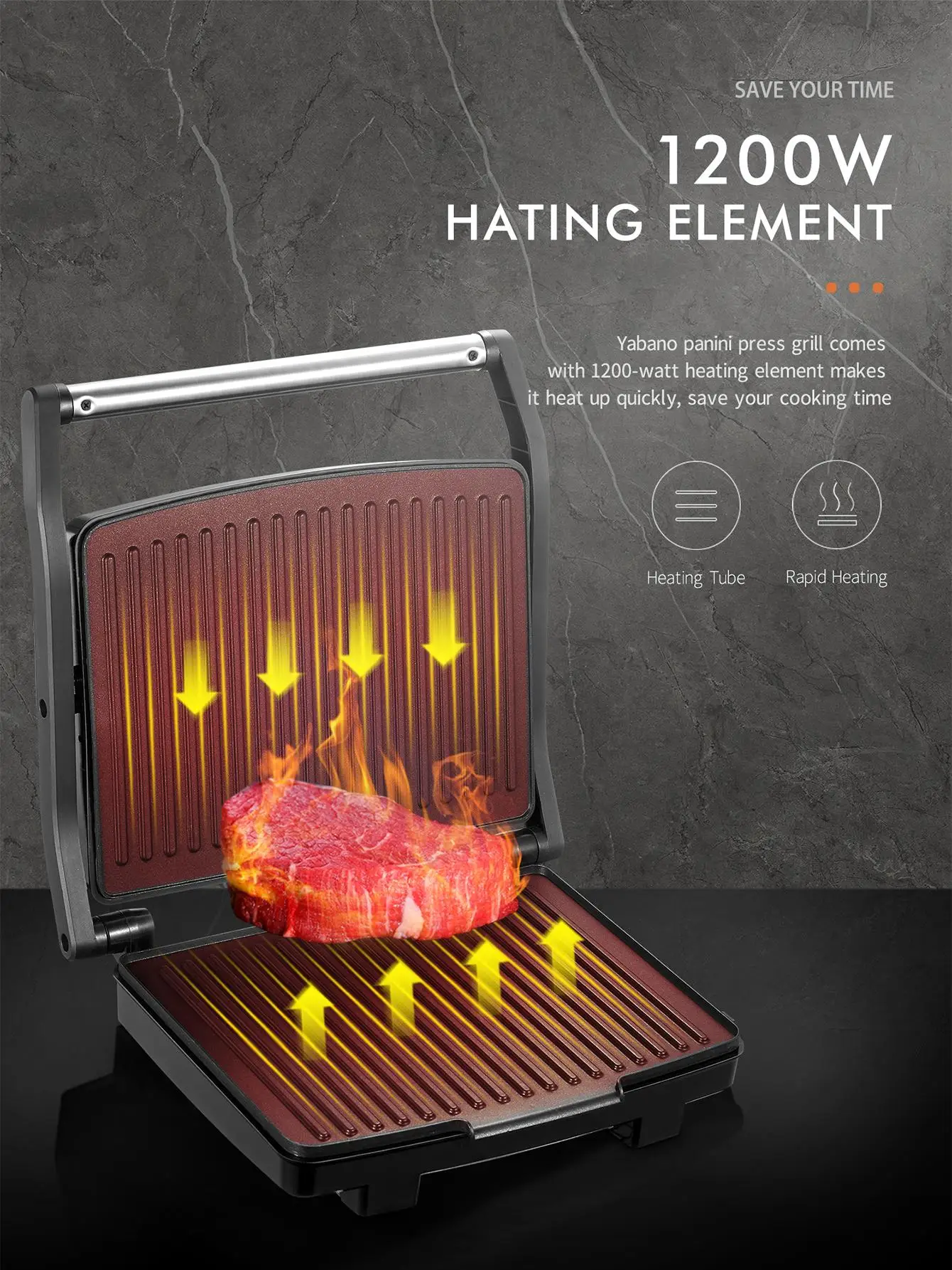 Yabano Panini Press Grill, Gourmet Sandwich Maker, Electric Indoor Grill With Non-Stick Cooking Plate And Removable Drip Tray, E