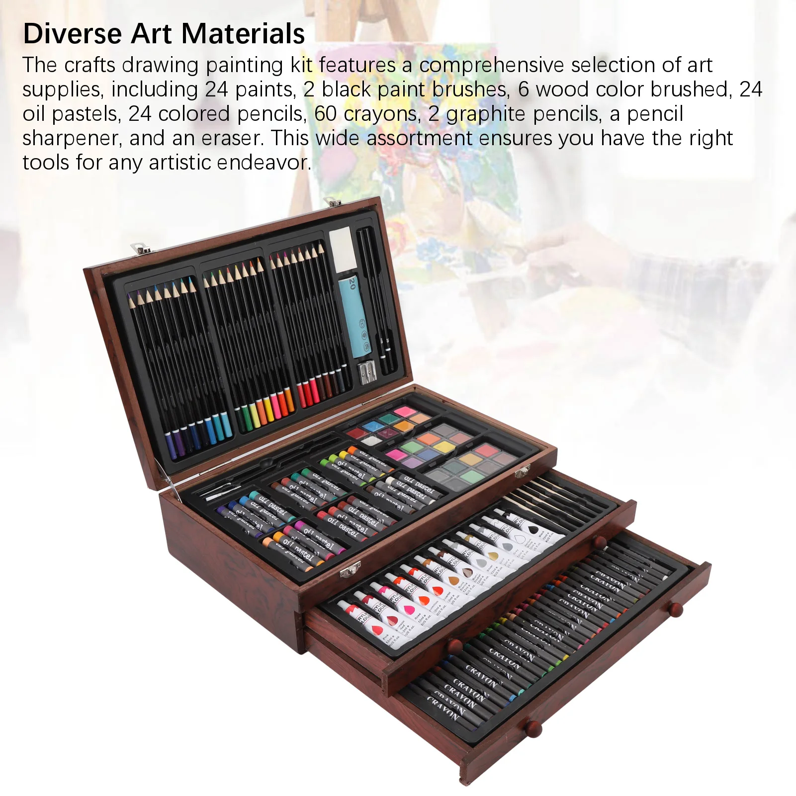 طقم رسم فني مكون من 142 قطعة، صندوق خشبي، مجموعة رسم ورسم، صندوق تخزين محمول قابل للطي، مجموعة توفير المساحة للمدرسة #3
