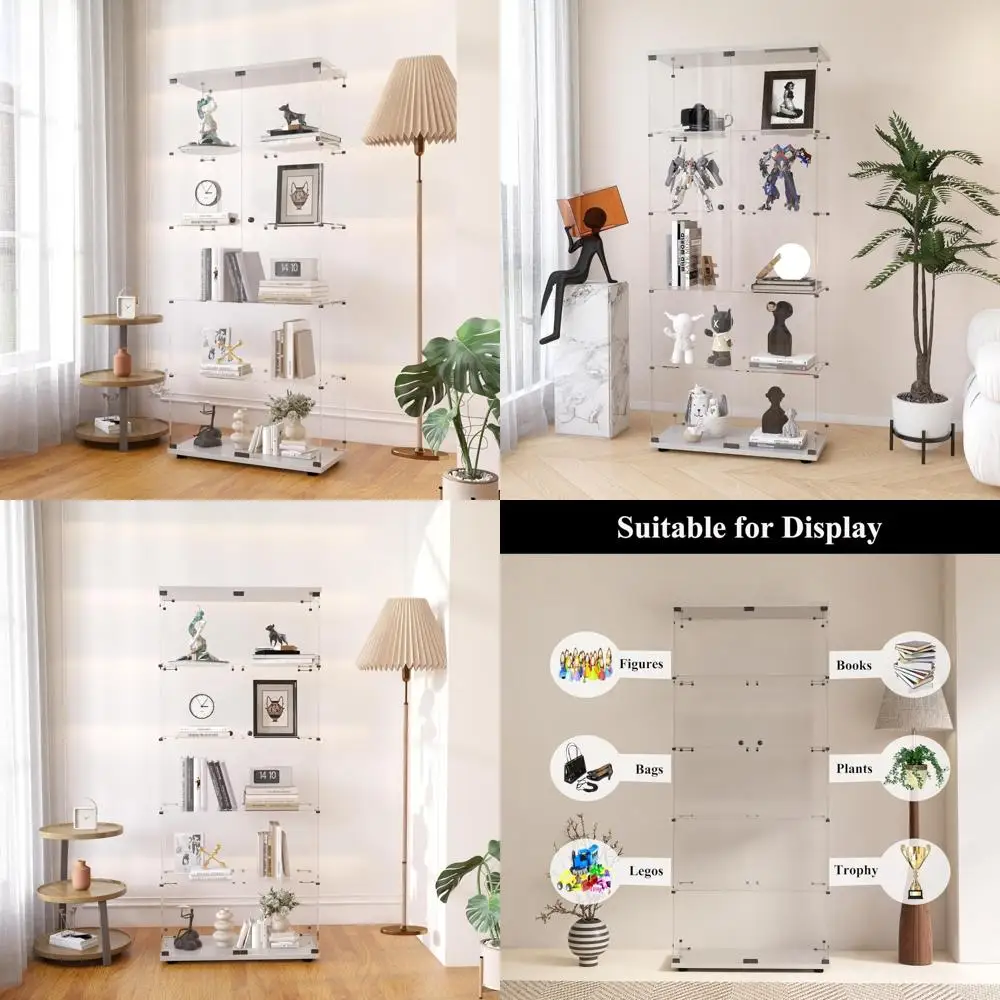 Contemporary Glass Display Cabinet with 5 Shelves and Double Doors for Living Spaces, Bedrooms, Offices, and Educational Setting