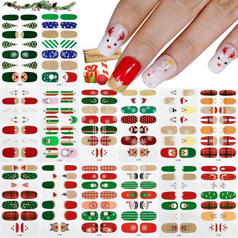 14Tips Bakken Gratis Kerstserie Nagellakstickers Strips Effen Nail Art Decoraties Hartontwerpen Glitterpoeder Manicure