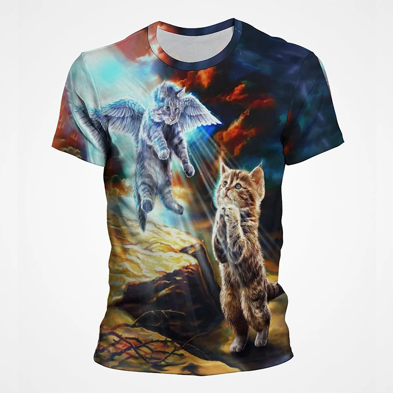 3D-Druck Bunte Lustige Katzen-Grafik T-Shirts für Männer Sommer Kurzarm Herren Tee Tops Mode Lässig Übergrößen Streetwear – Detail 18