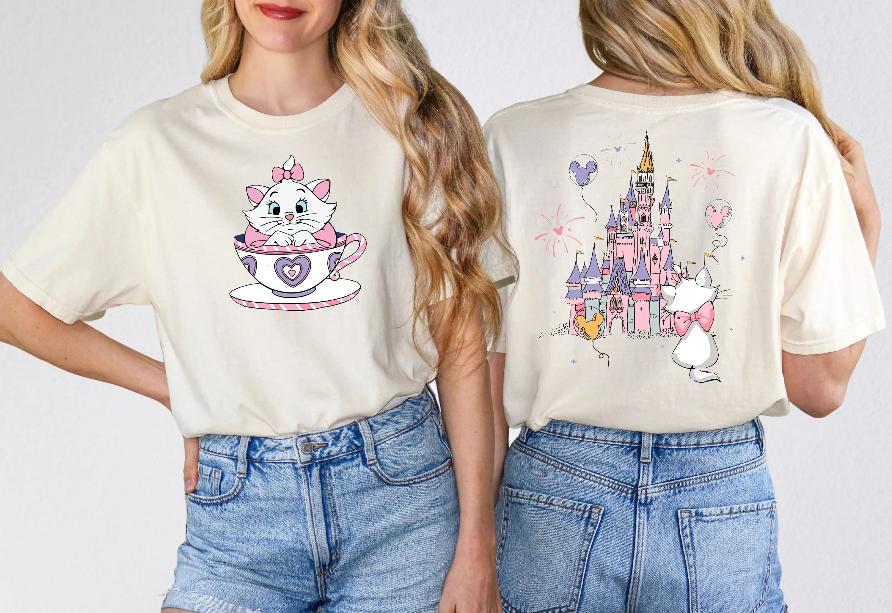 

2025 Disney The Aristocats Mary Cat Crazy Teacup Party Shirt Magic Kingdom Family Sports Short Sleeve Women's Casual Fashion Top