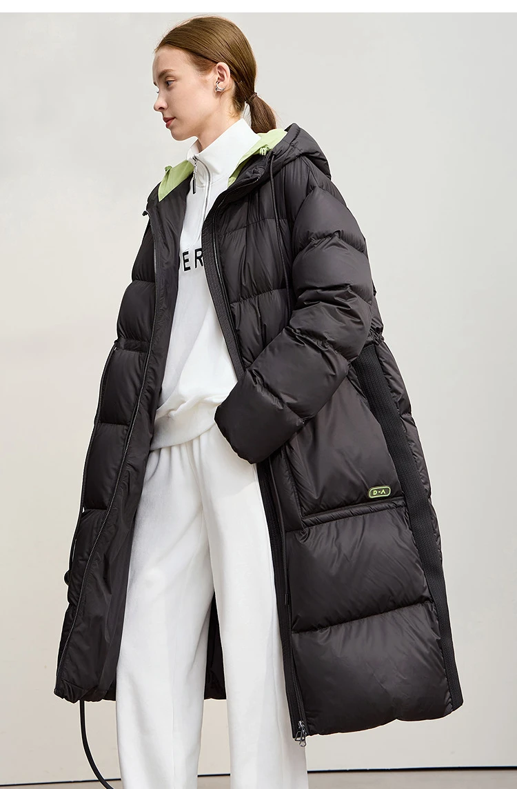 AMII Hooded Down Jacket 2026 Winter New Warm Zipper Long Sleeve 85% White Duck Down Coat Woman Loose Straight Long Coat 12524017