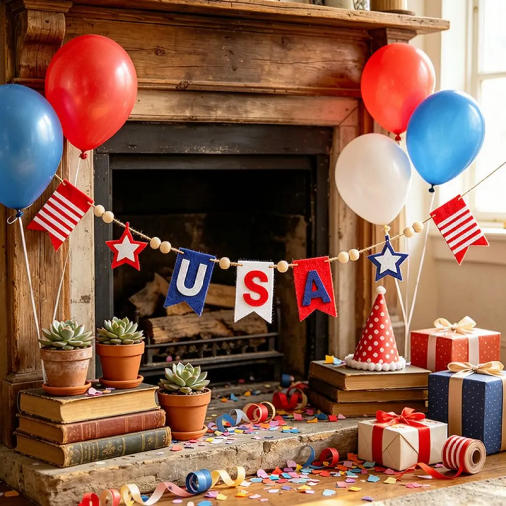 Patriotic July Fourth Felt Garland USA Letter Wooden Beads Banner For Holiday Party Hanging Wall Decoration Home Decor