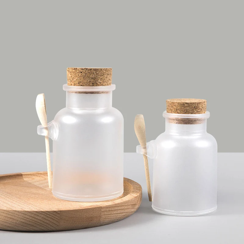 100ml/200ml/300ml/500ml Empty Bath Salt Bottle Plastic Matte Cork Jar Women Bottles Container Refillable Bottle With Wood Spoon