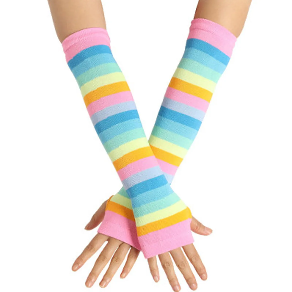 2Pairs Rainbow Stripe Arm Sleeves Elastic Cosplay Gloves Arm Guard Cover for Birthday Dance Cosplay Party Accessories