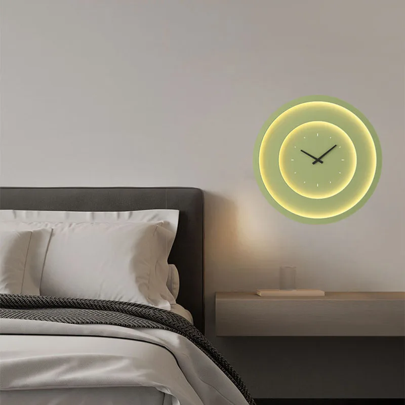 Imagem -02 - Modern Round Led Wall Light com Relógio Quarto Atmosfera Lâmpada Sala de Estar Sala de Jantar Home Deco Branco Verde Metal Dropshipping