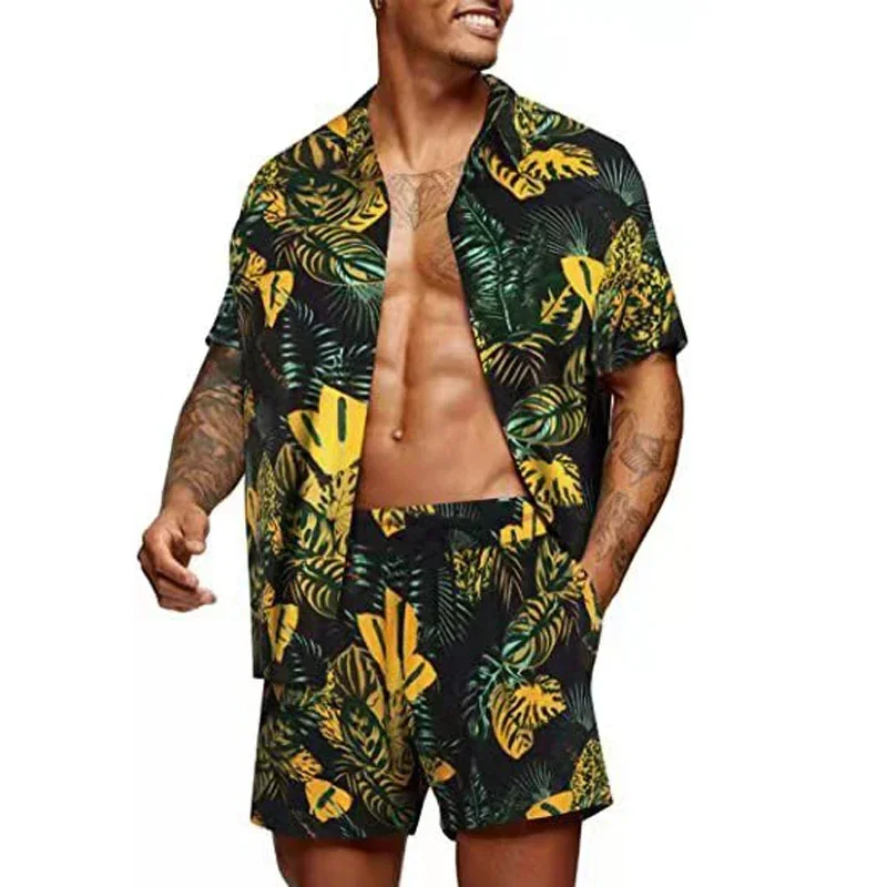 

2022 Summer Hawaii Print Sets Men Hawaii Short Sleeve Shirt Shorts Two Piece Clothing Set Casual Palm Tree Floral Beach Suit