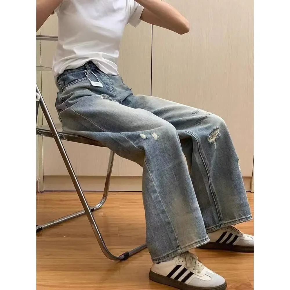 

Retro American Denim Jeans Women's Straight Leg Slim Fit Floor Length Loose Wide Leg Pants High Waist Simple Style Blue Cotto...
