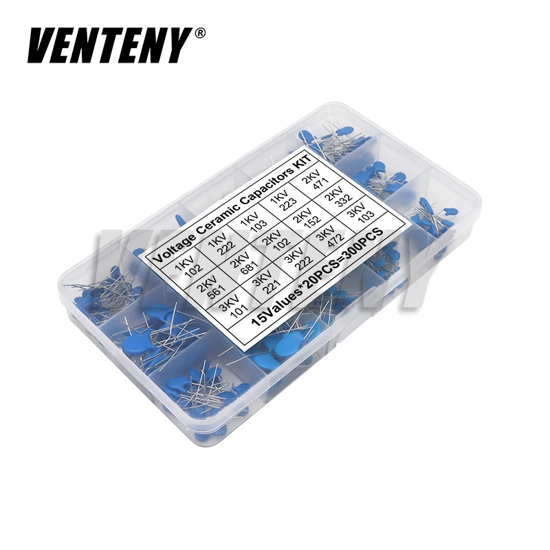 

300pcs High Voltage Ceramic Capacitor Assorted Kit 1KV 2KV 3KV Capacitance Set with Box 15Values*20pcs 1nF 2.2nF 10nF 22nF