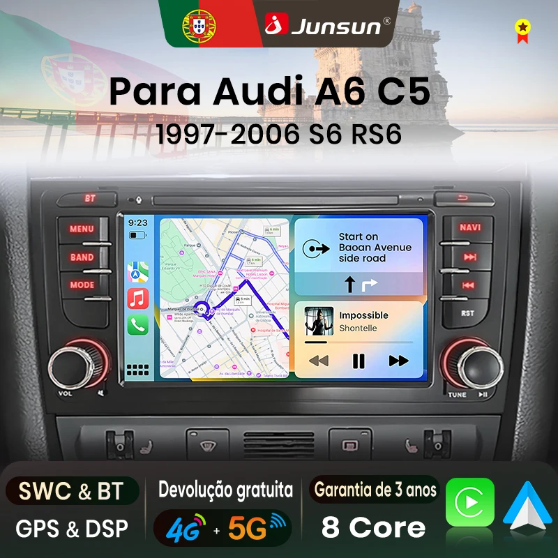 Junsun 7/9-calowy IPS Android 15 Radio Samochodowe do Audi A6 C5 1997-2004 S6 RS6 Bezprzewodowy CarPlay Android Auto 8-rdzeniowy GPS Bluetooth DSP RDS SWC 2 Din Autoradio