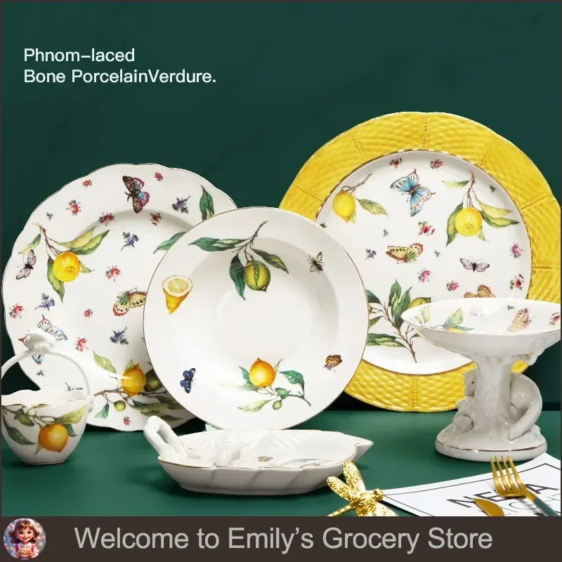 Essteller aus Keramik im europäischen Stil, elegantes Zitronenmuster, Abendessen, Steakteller, Kaffeetassen-Set, Dessertteller für die westliche Küche