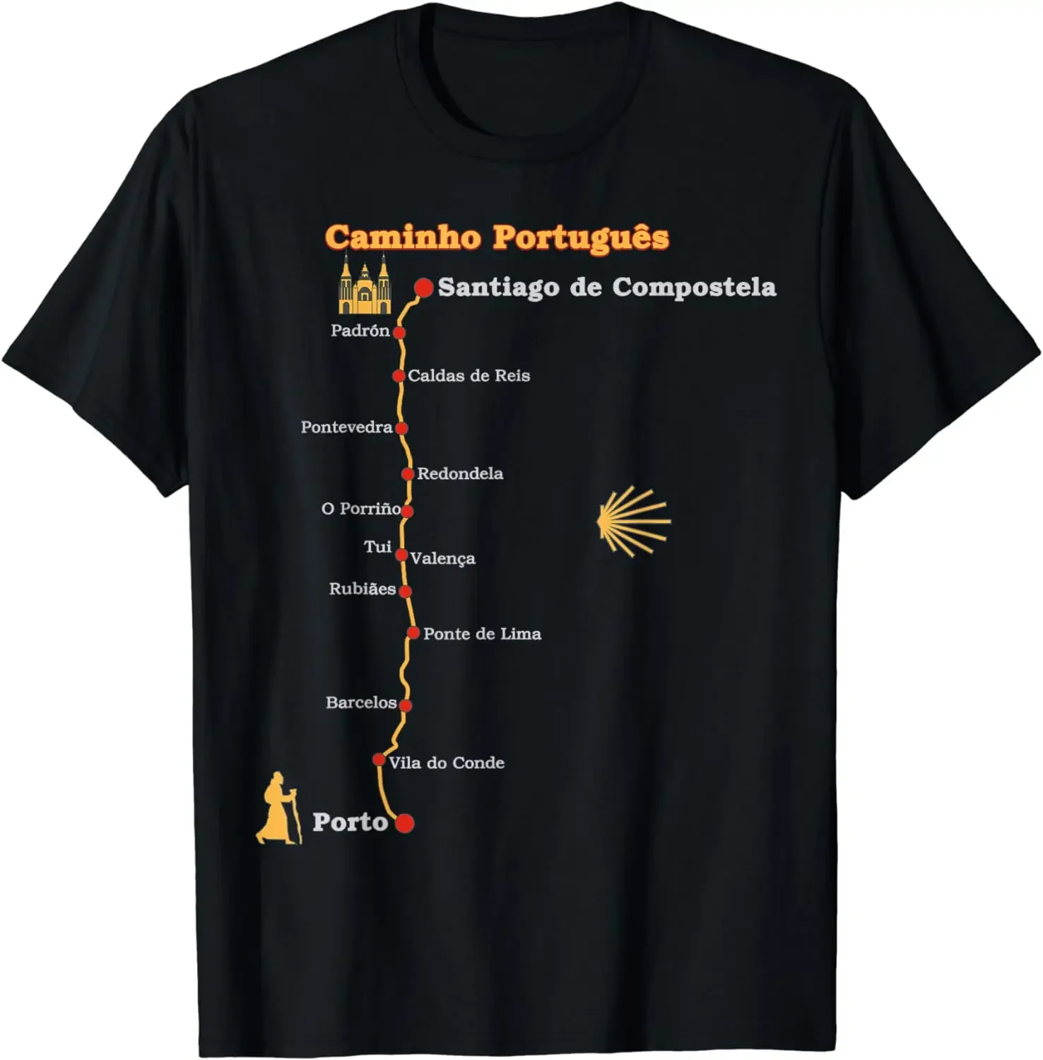 

Caminho Portugues Route Map Santiago De Compostela Graphic Tee For Pilgrimage Trips