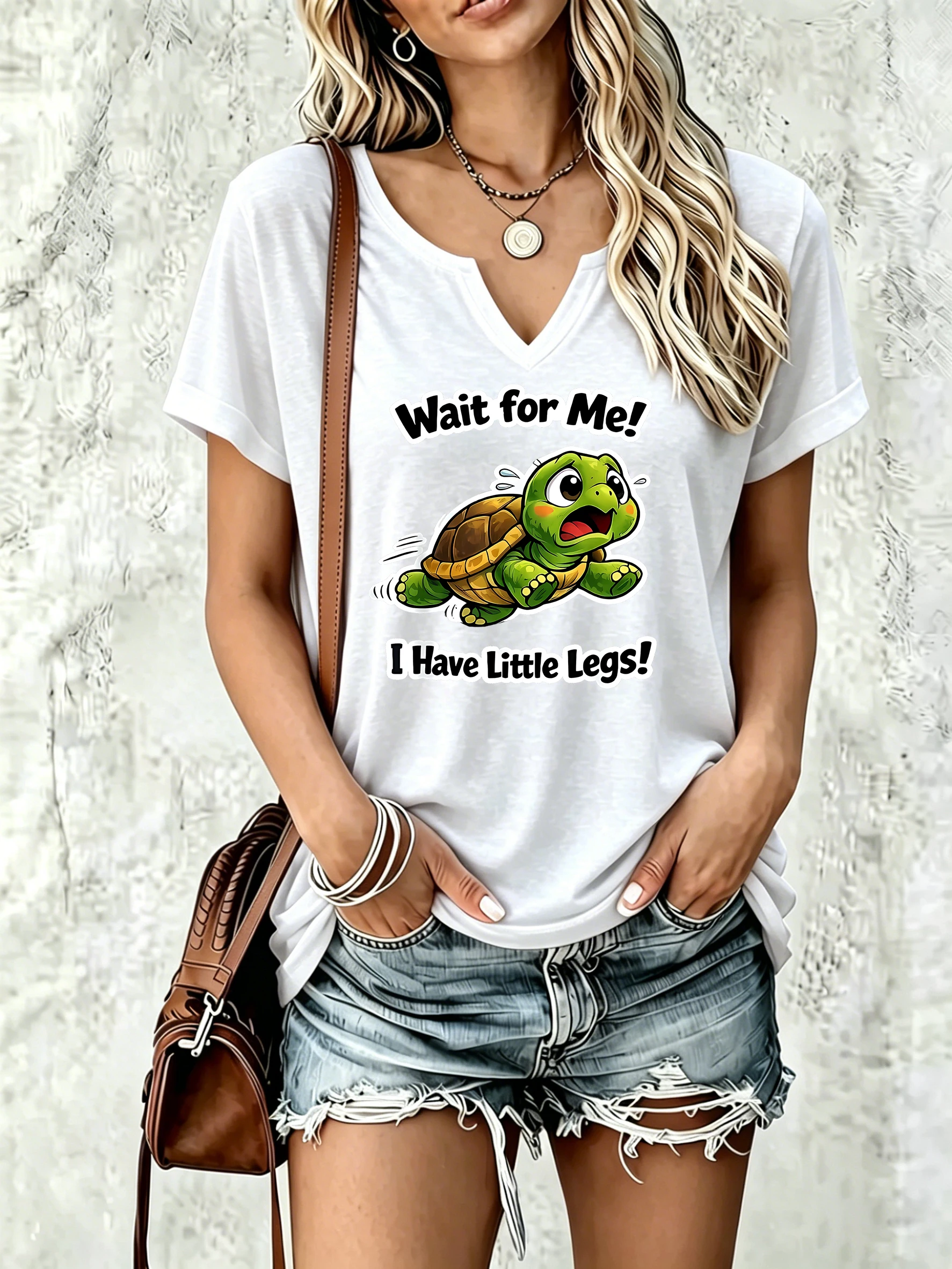 Women's V‑Neck Short Sleeve T‑Shirt, Cute Running Cartoon Turtle Graphic Print Casual Summer Daily Tee