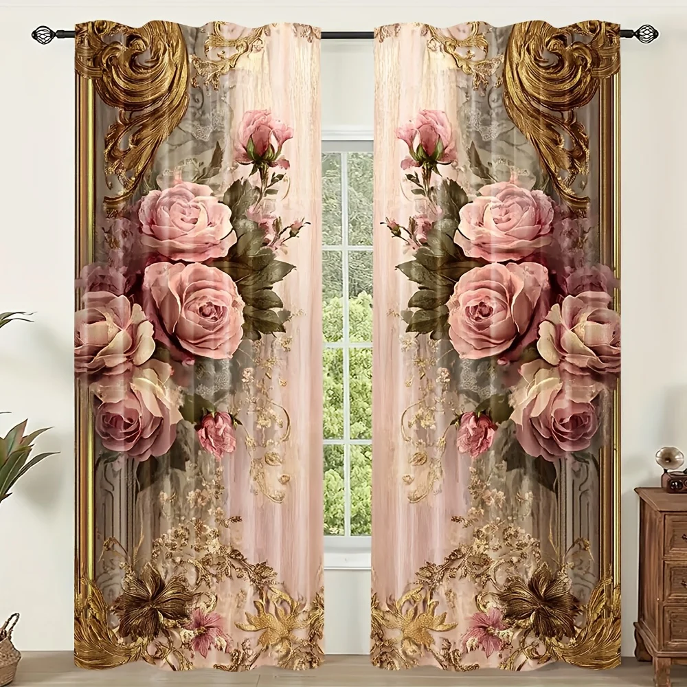 2PCS Vintage Curtains, Pink Rose Gold Frame Floral, Digital Print, Bedroom Living Room, Rod Pocket Polyester, Home Decor