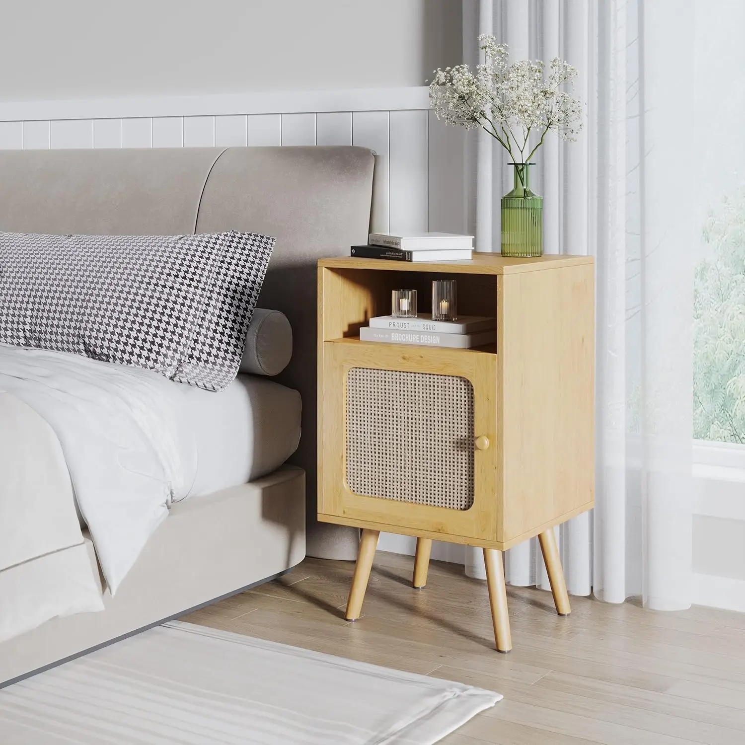 

Mid Century Modern Rattan Nightstand with Can Accents, Bedside Table with Drawers, Natural Rattan Finish, Farmhouse Accent Tabl