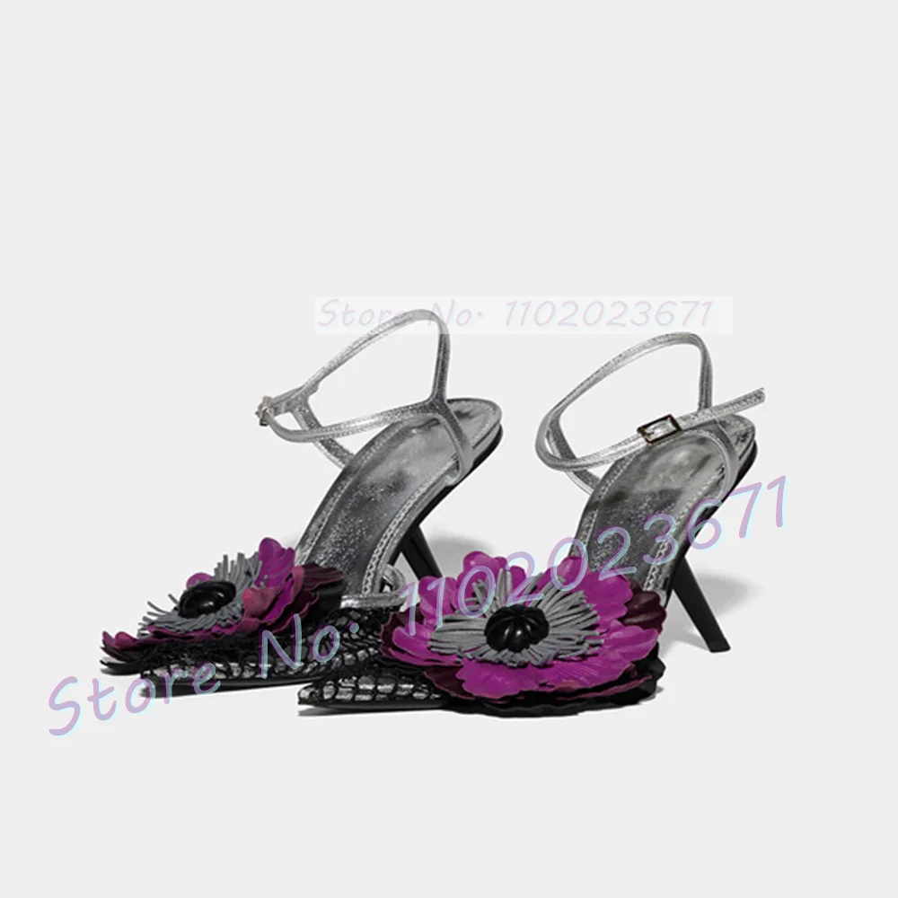 Mesh Pointy Strange Heel Sandals Women Large Orchid Motif Evening Sandals Ladies New In 2023 Summer Sexy Silver Metallic Shoes