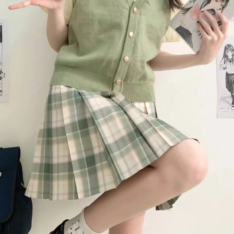 Summer Japanese Original JK Uniform Skirt A-Line Green Plaid Waist Tight Slimming All-Matching Comfortable Mini Skirt For Girls