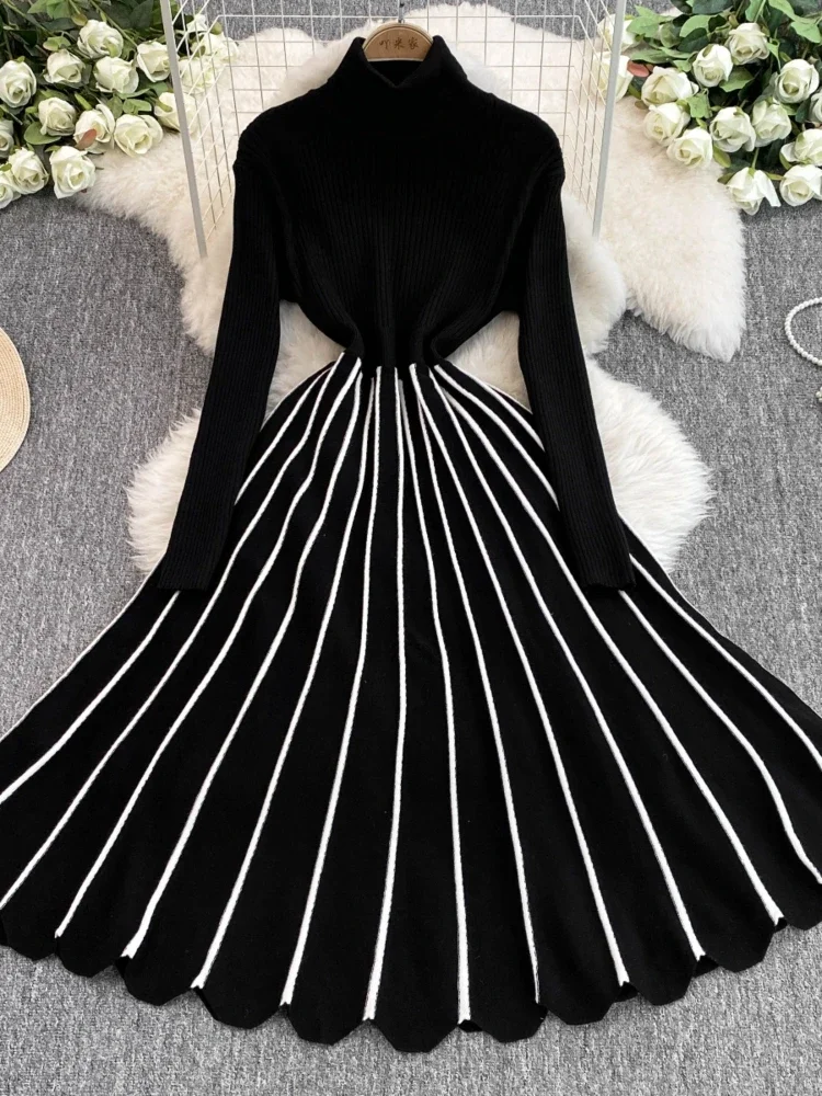 

Women Casual Elegant Street Party Small Fragrant Style Knitt Dress Autumn Striped Slim Bottom Skirt Pleated Long Skirt for Women