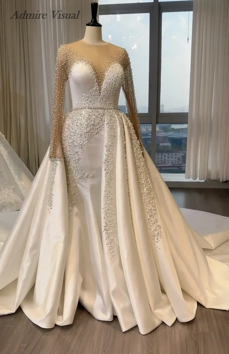 

Admire Visual Wedding Dress Mermaid 2 in 1 Sheer Neck Full Sleeves With Beading Customized Bride Gown Vestidos De Novias