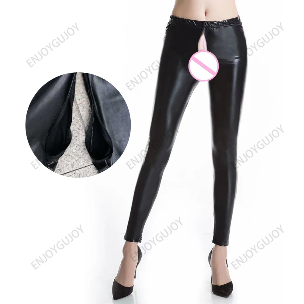 

Invisible Open Crotch Leggings, Imitation Leather, 9 Divide Pants, High Elasticity, Large Size, Fashionable, Monochromatic, Outd