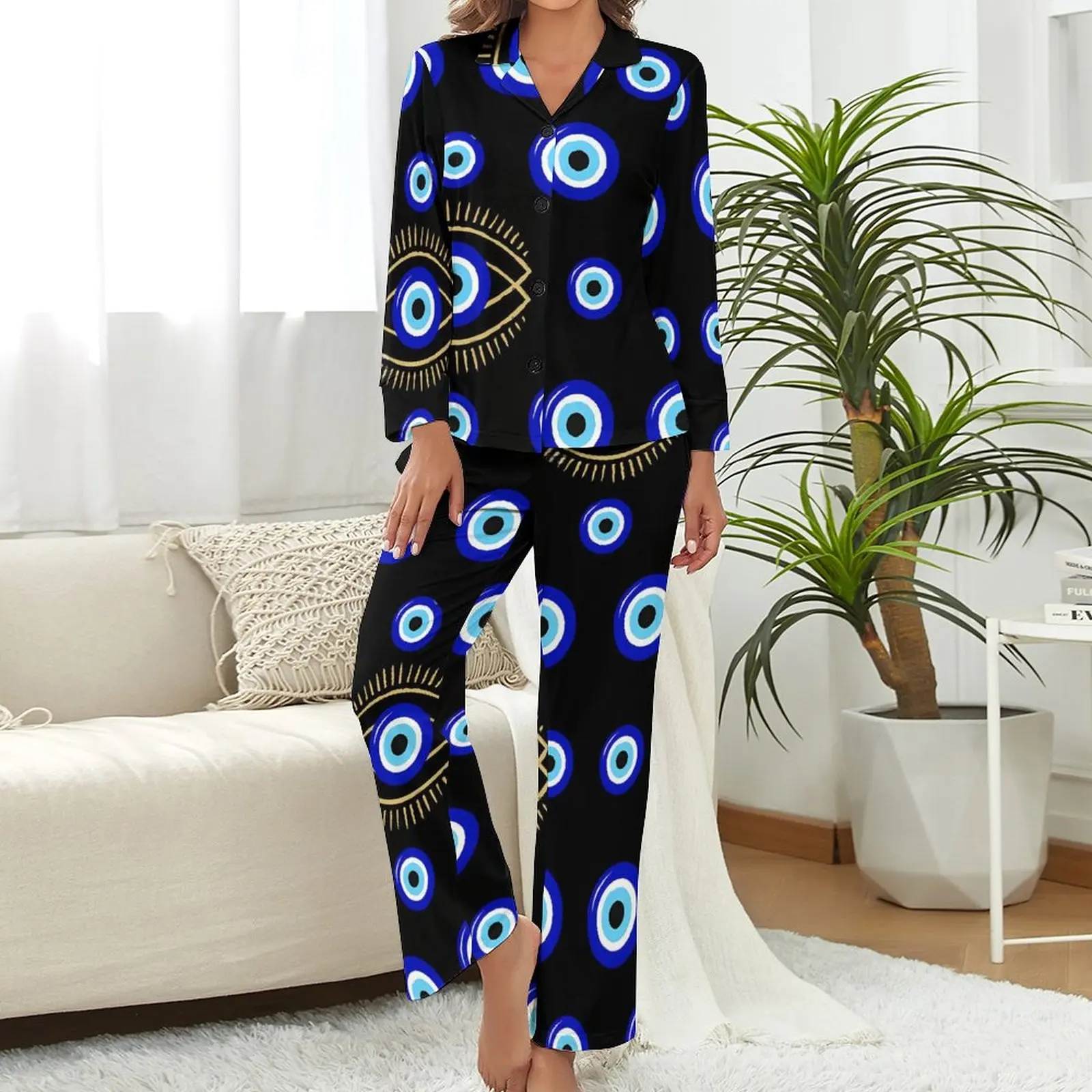 Evil Eye Pajamas Woman Vintage Print Warm Sleepwear Spring Long Sleeve Two Piece Bedroom V Neck Pattern Pajama Sets