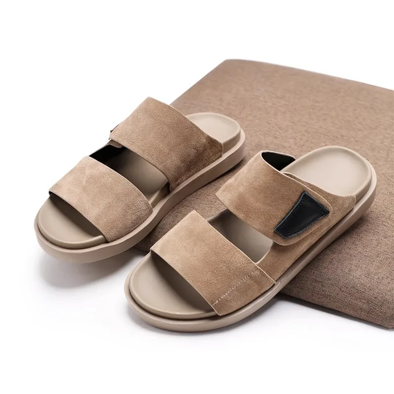 

Brand Man Slippers Genuine Leather Suede Slides Basic Outdoor Beach Fashion Men's Sandals Casual Luxury Designer Shoes For Man
