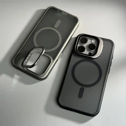 Full Lens Protection Stand Holder Magnetic Phone Case for iPhone 16 14 17pro max 15 13 Pro 11 12 Wireless Charging Hard PC Cover