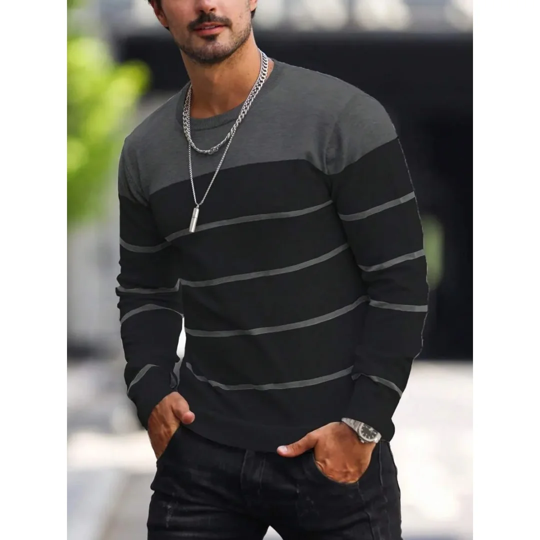 

New Round Neck Pullover Men's Sweater Striped Casual Comfortable Autumn and Winter High Quality Knitted Sweater for Men Clothing