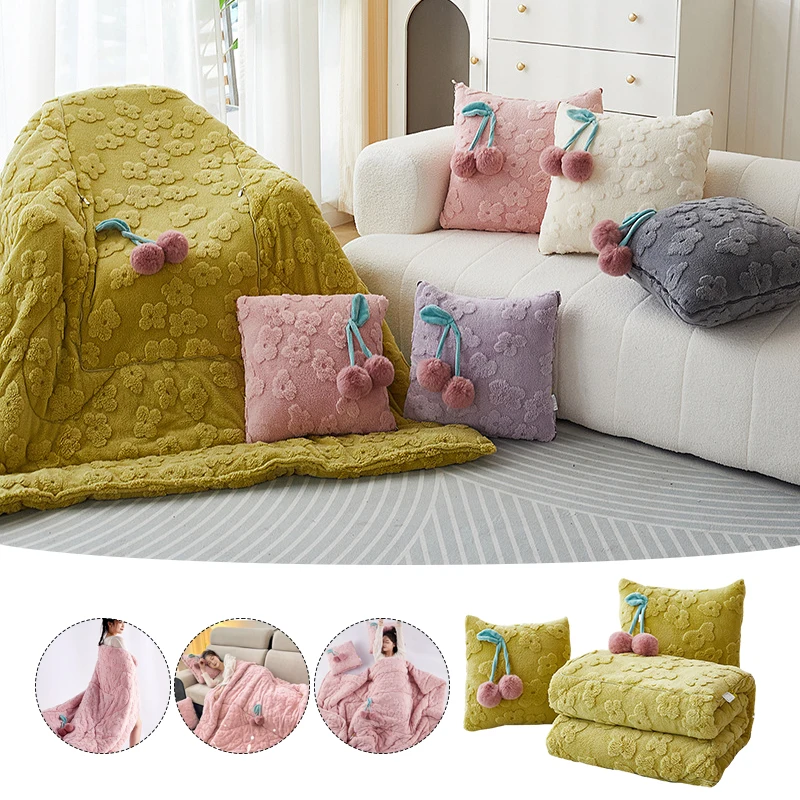 Velvet Cherry Pillow Blanket Quilt 2In1 Foldable Throw Sofa Bed Cushion Students Nap Office and Car Cushion Thickened for Warm