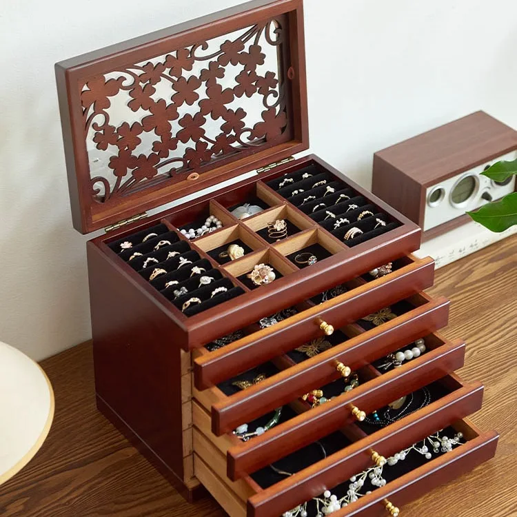 Custom Solid Wood Jewelry Box Wooden Storage Vintage Multi-layer Drawer Large Capacity Earrings Necklace Anti-oxidation view 2
