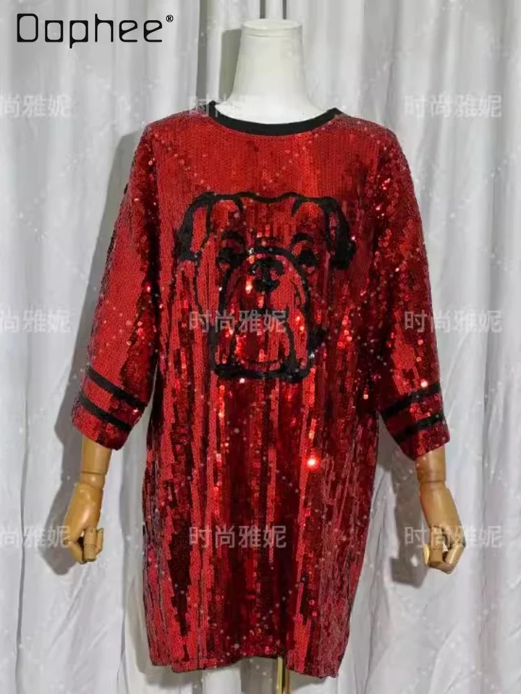 Fashion Heavy Industry Sequin Crew Neck Eight-quarter Sleeve Temperament Loose Animal Cartoon Pattern Performance Clothing Dress