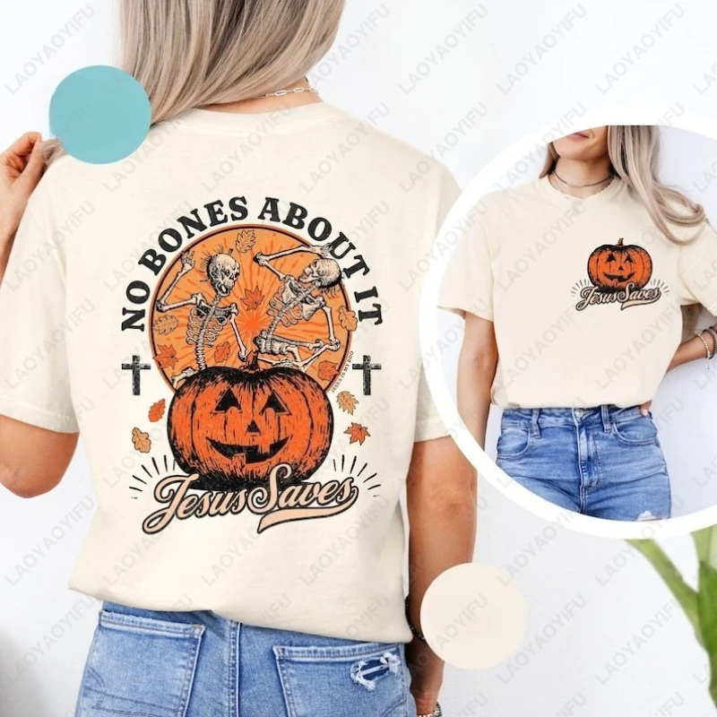 Halloween Christian No Bones about It Jesus Saves Tops Funny All Saints' Day Skeleton Pumpkin Tees Men Women Bible Cotton Tshirt