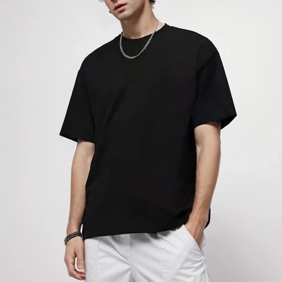 220gsm Schweres Übergrößen-T-Shirt für Herren, Sommer-Qualität Kurzarm-Shirt aus Baumwolle, Einfarbig, Trendy, Lässig, Weiß, Schwarz, Top – Detail 9