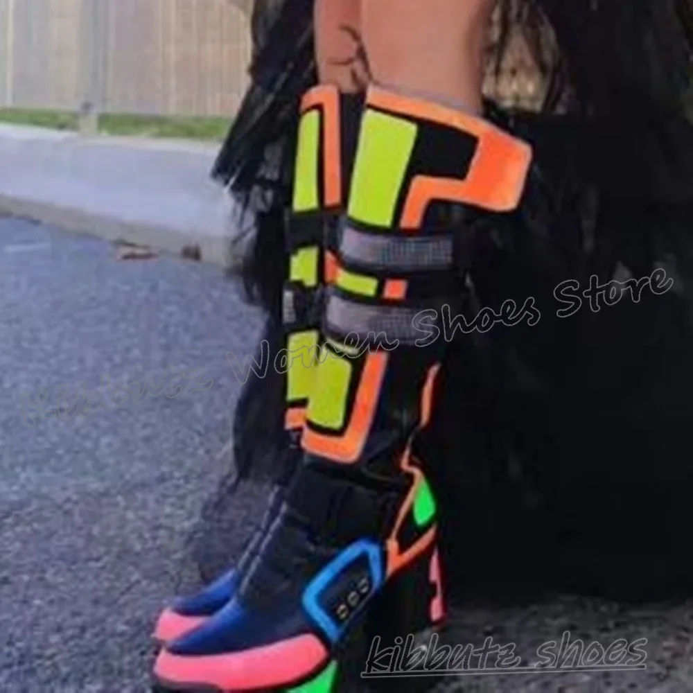 Knee High Boots Platform Belt Buckle Leather Mixed Color Fashion Luxury Elegant Comfortable Sexy Novelty Spicy Girls Shoes New - view 2