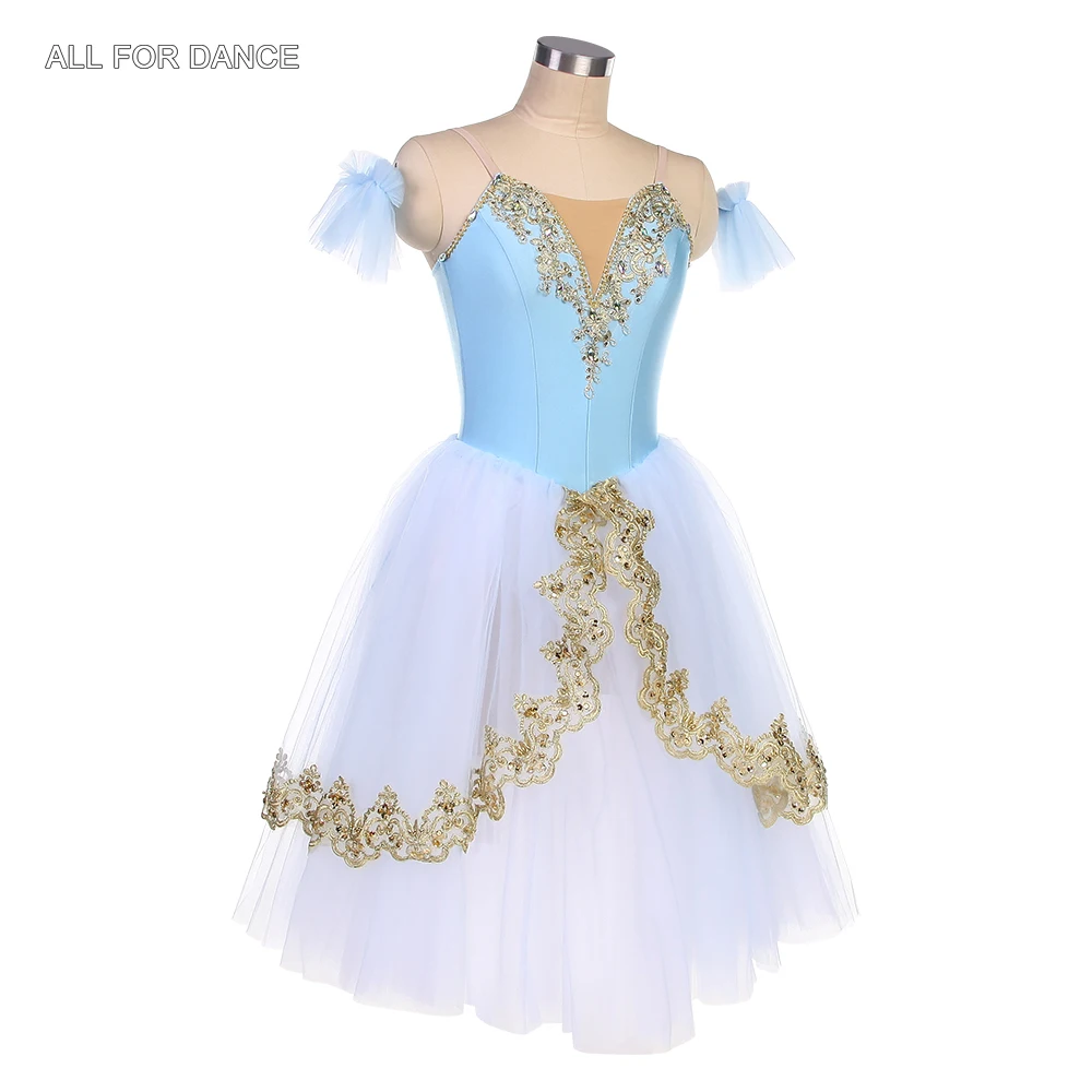 24063 Sky Blue Spandex Top Bodice with Gold Trim Romantic Long Ballet Tutus Girls Women Stage Performance Dance Costumes