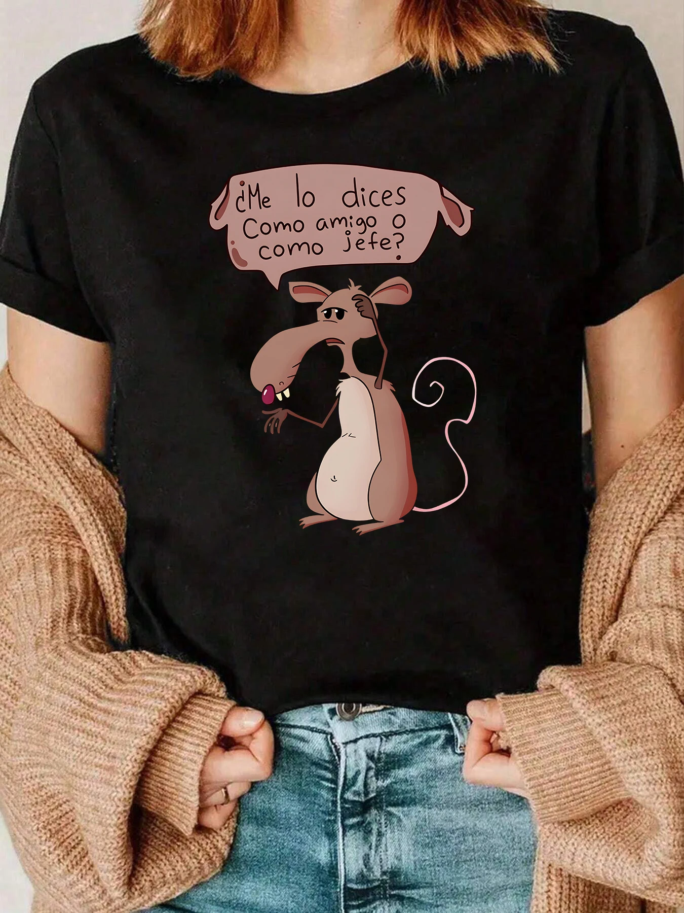 Koszulka damska z motywem myszy z kreskówki, z bańką mówiącą, na Halloween, codzienna, 220g