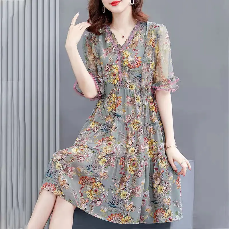 Elegant V-Neck Spliced Lace Butterfly Sleeve Floral Dress Women Clothing 2024 Summer New Loose Office Lady Mini Dress