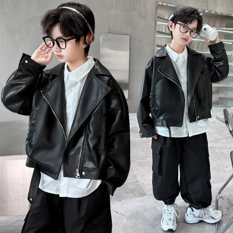 Kids Cool Leather Jacket for Boy Green Khaki Black Color Leather Jacket Coat For Teenagers Kids Fashion Spring Clothing 4-14 Y