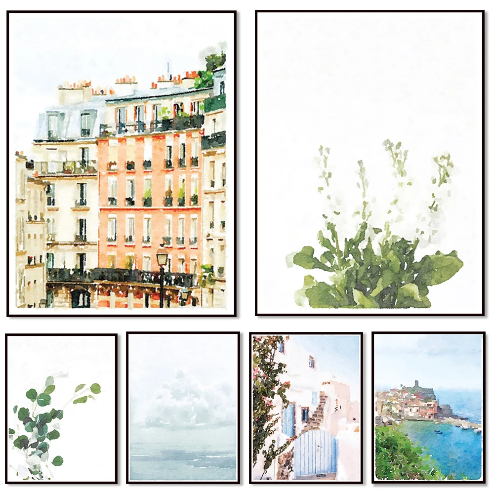 Póster de paisaje de viaje en acuarela, eucalipto, Cinque Terre, Santorini, París, Roma, nubes, flores, obra de arte impresa en lienzo