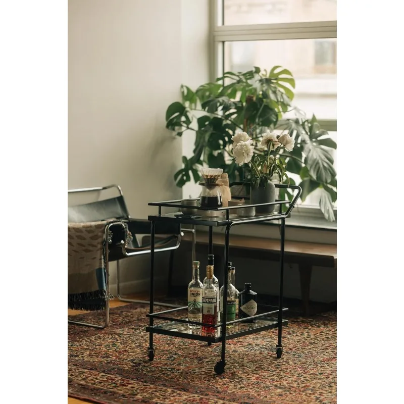 Nathan James Sally Rolling Bar or Cart for Tea or Cocktail, 2-Tiered Glass and Metal, Black